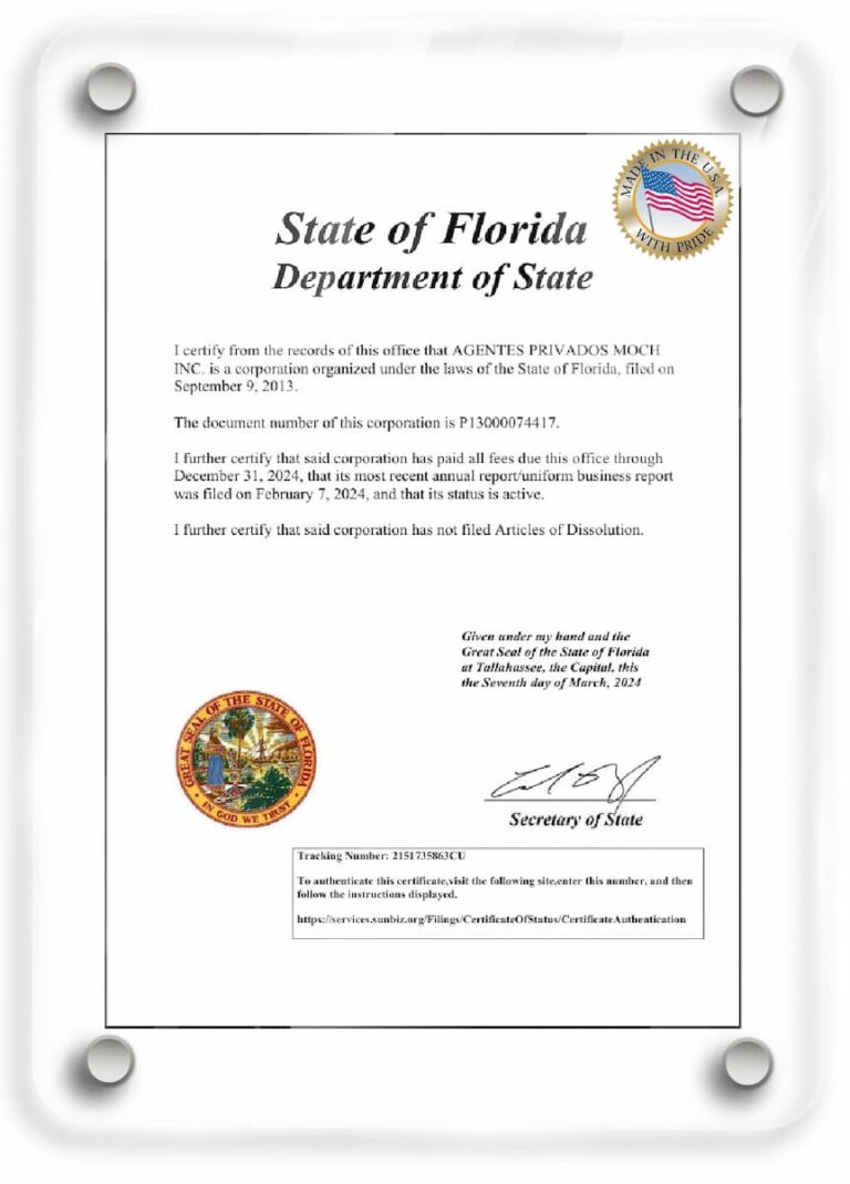 Agentes Privados Moch incorporated USA company legal